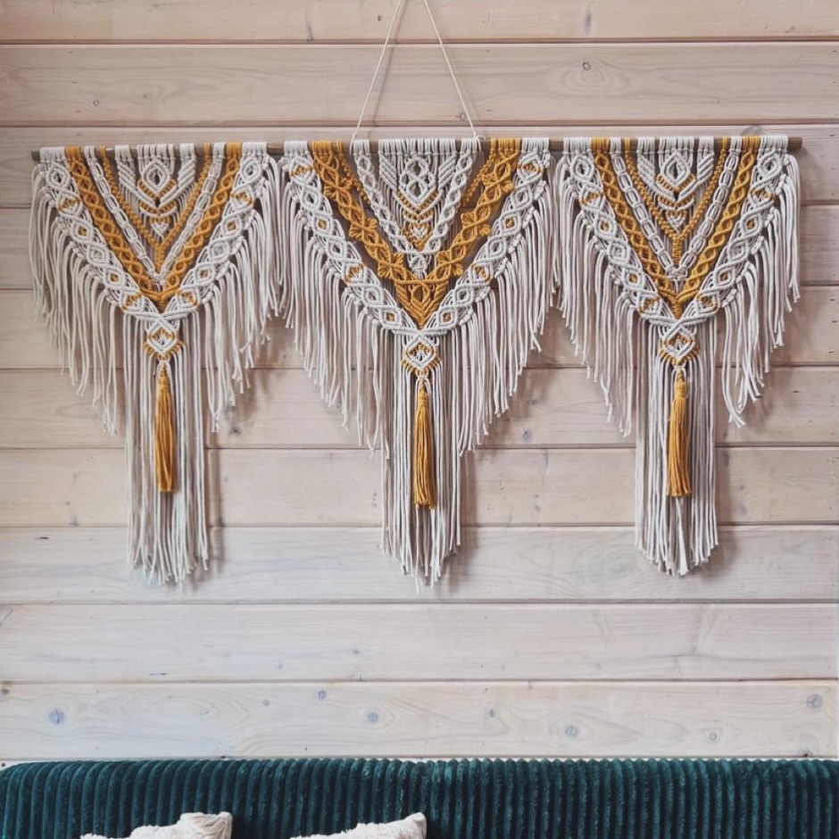 Triptych wall piece with mustard accents